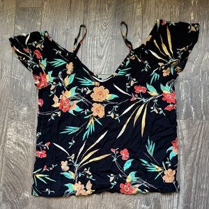 SHEIN Black Floral Blouse with Red and Green Accents